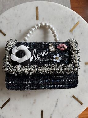 Nini Dear Ellie Black Tweed Pearl-Trim Mini Handbag with Floral Accent